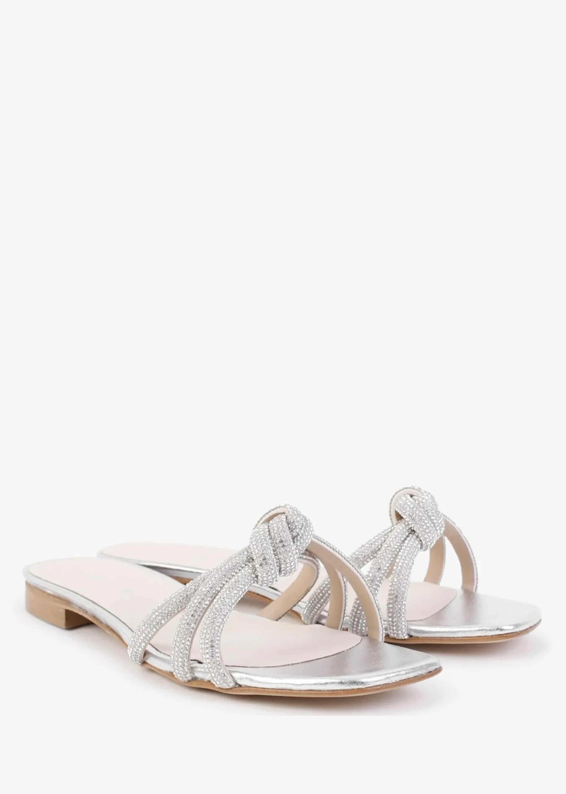 Flatante Silver Leather Twisted Diamante Mules