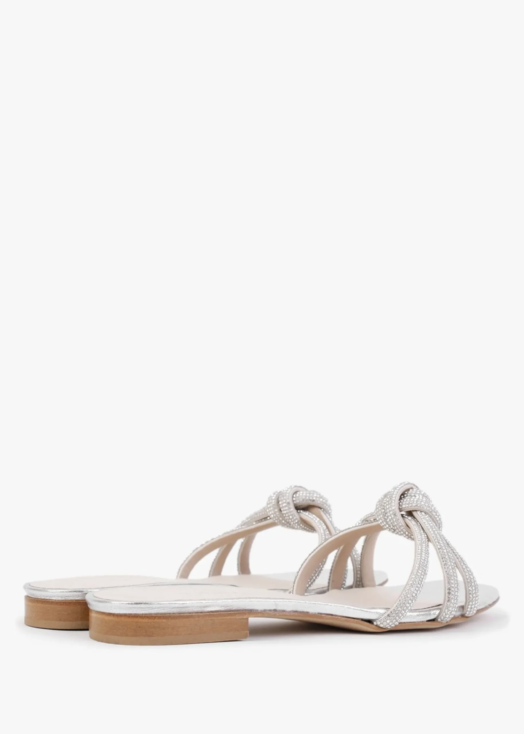 Flatante Silver Leather Twisted Diamante Mules