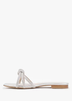 Flatante Silver Leather Twisted Diamante Mules