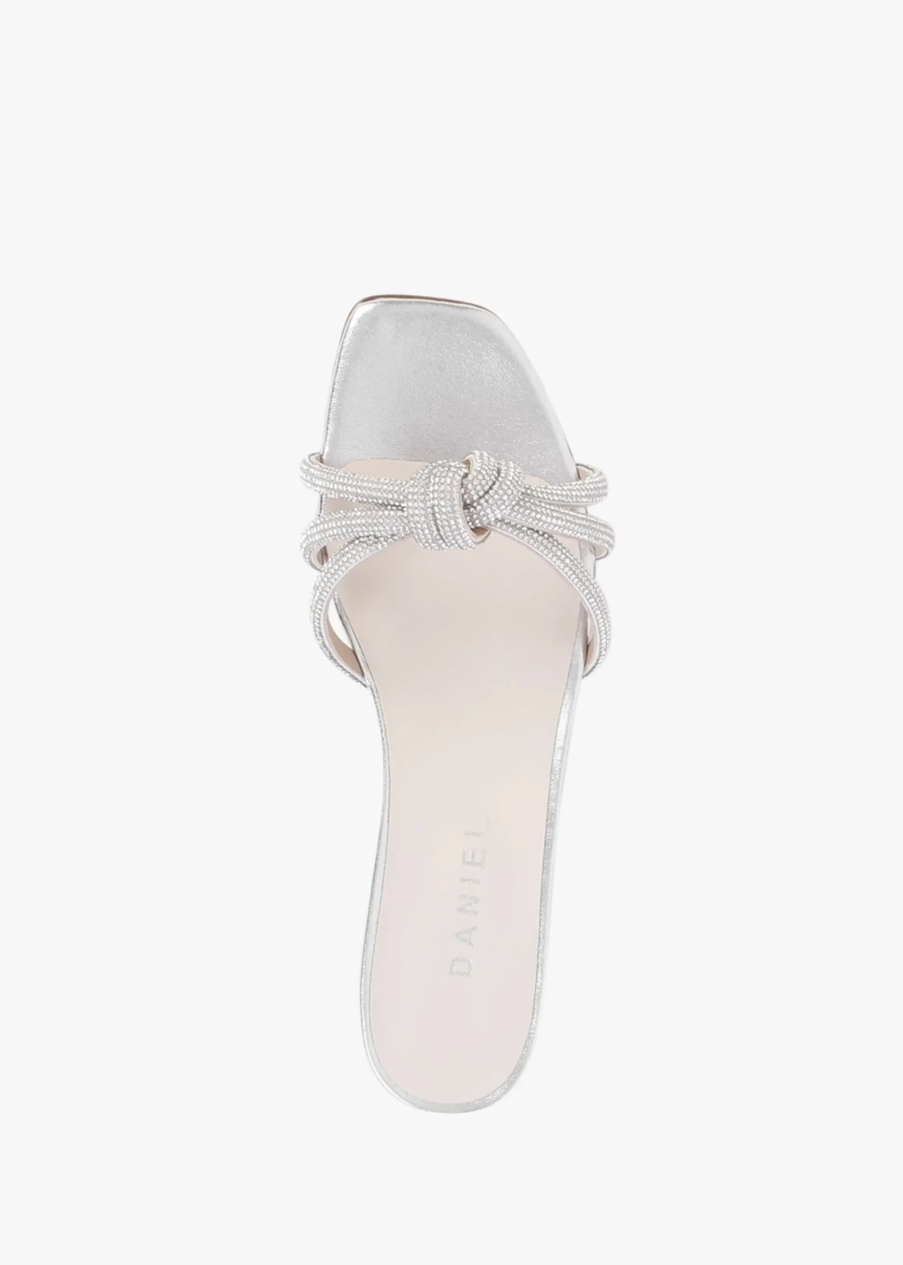 Flatante Silver Leather Twisted Diamante Mules