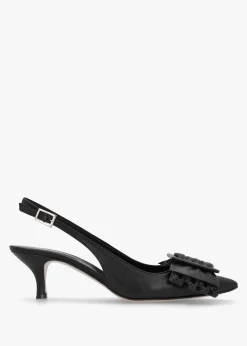 Galina Black Leather Raffia Bow Heeled Sling Backs