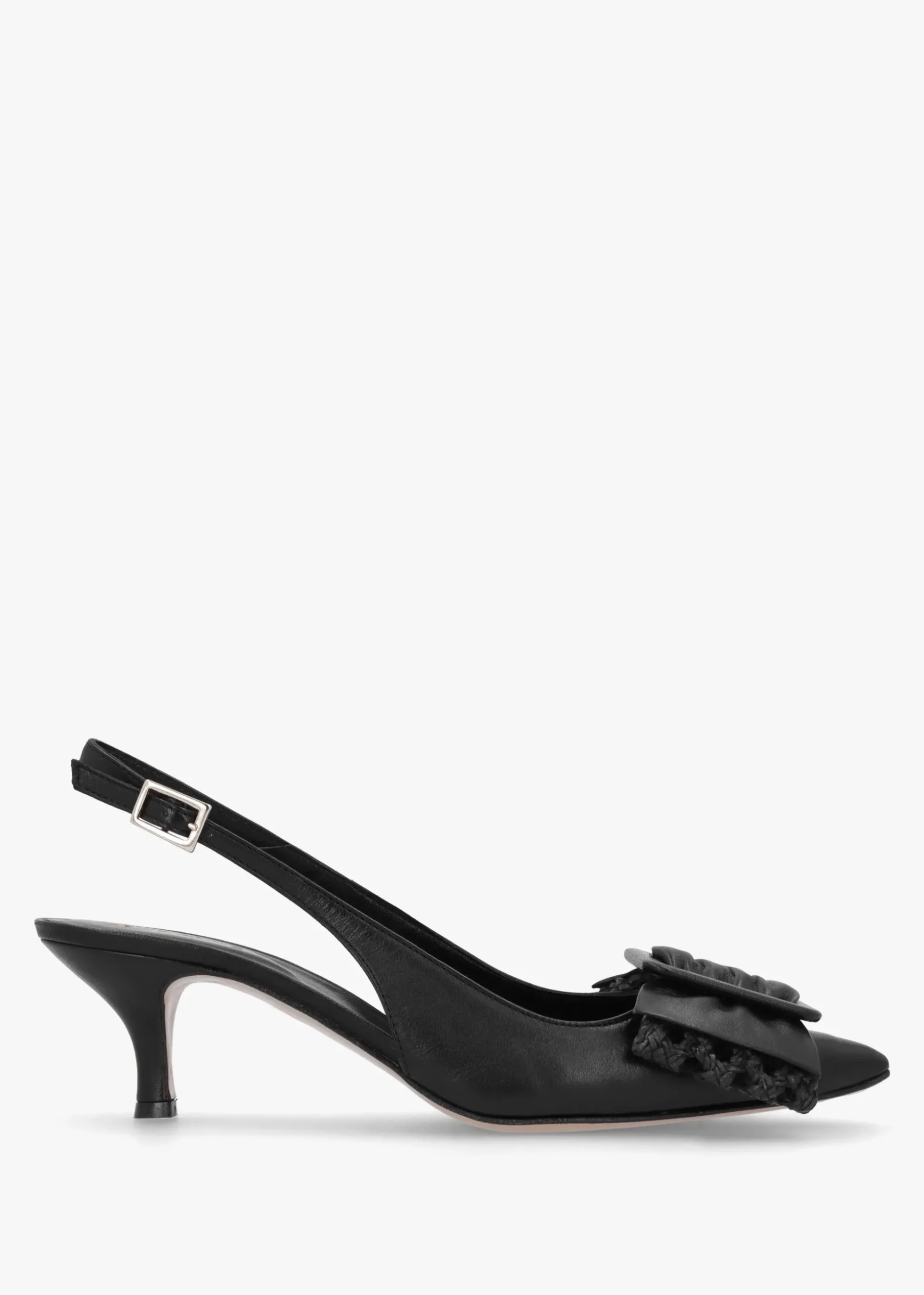 Galina Black Leather Raffia Bow Heeled Sling Backs