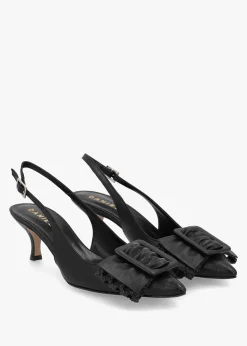 Galina Black Leather Raffia Bow Heeled Sling Backs
