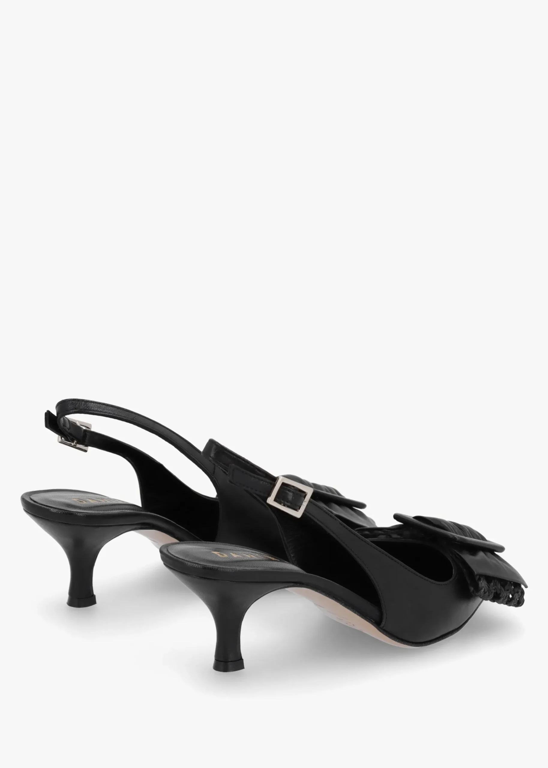 Galina Black Leather Raffia Bow Heeled Sling Backs