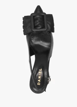 Galina Black Leather Raffia Bow Heeled Sling Backs