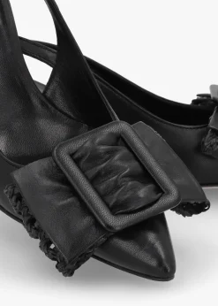 Galina Black Leather Raffia Bow Heeled Sling Backs