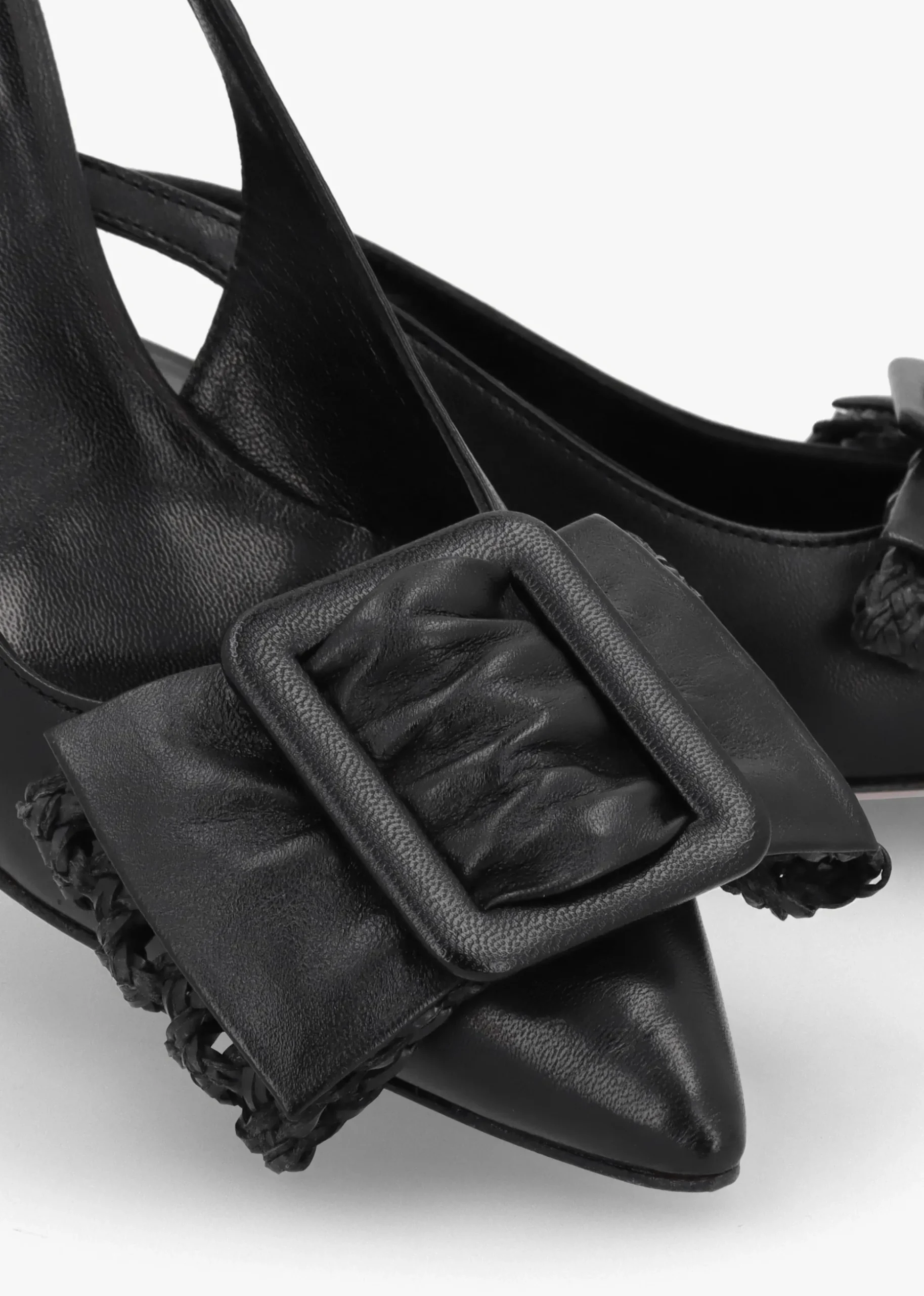 Galina Black Leather Raffia Bow Heeled Sling Backs
