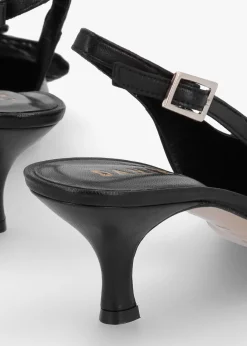Galina Black Leather Raffia Bow Heeled Sling Backs