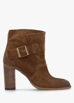 Giddy Taupe Suede Buckle Block Heeled Ankle Boots
