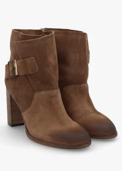 Giddy Taupe Suede Buckle Block Heeled Ankle Boots