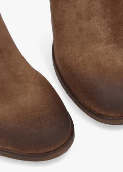 Giddy Taupe Suede Buckle Block Heeled Ankle Boots
