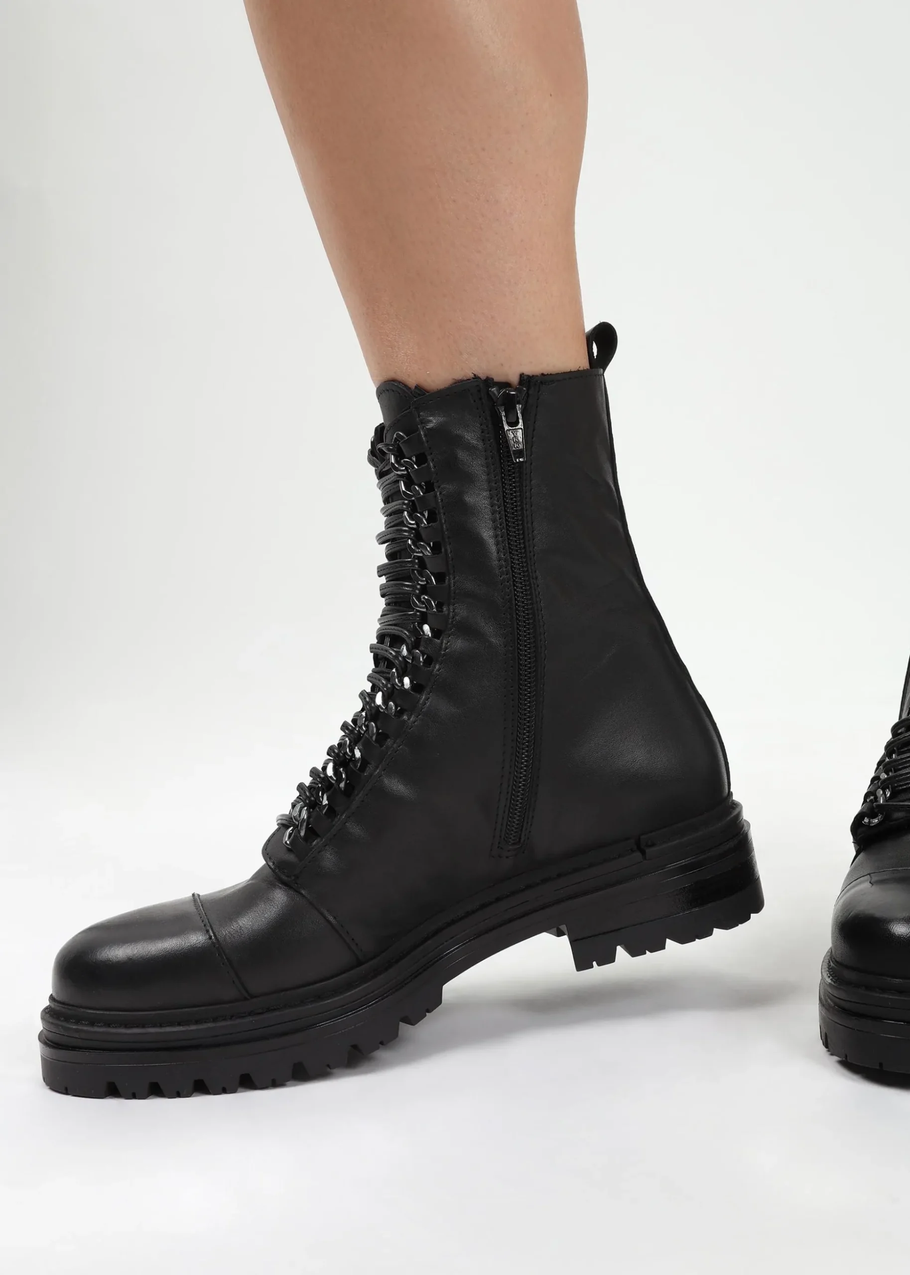 Grace Black Leather Chain Detail Ankle Boots