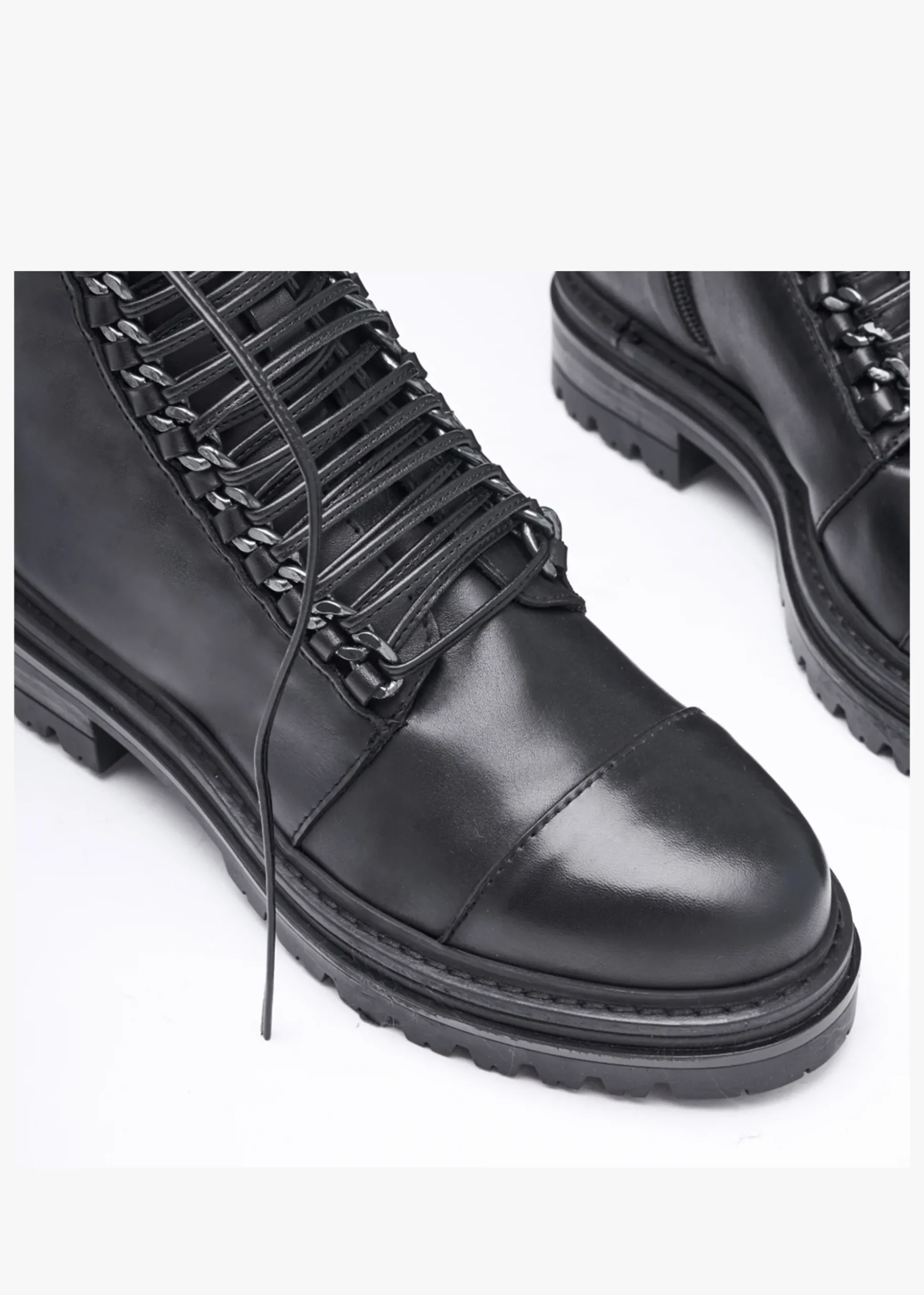 Grace Black Leather Chain Detail Ankle Boots