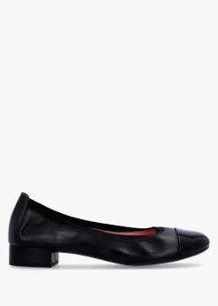 Gretschen Black Leather Patent Toe Cap Ballerina Pumps