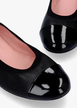 Gretschen Black Leather Patent Toe Cap Ballerina Pumps