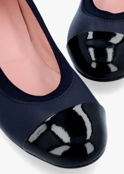 Gretschen Navy Leather Patent Toe Cap Ballerina Pumps
