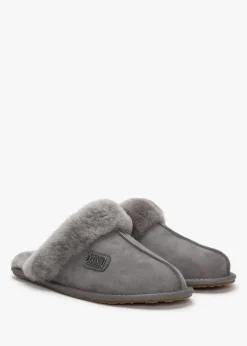 Grey Double-Face Sheepskin Closed Mule Slippers