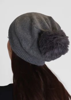Grey Slouchy Knitted Pom Pom Hat