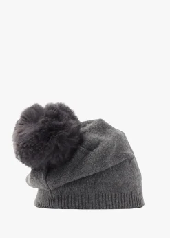 Grey Slouchy Knitted Pom Pom Hat