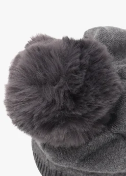 Grey Slouchy Knitted Pom Pom Hat