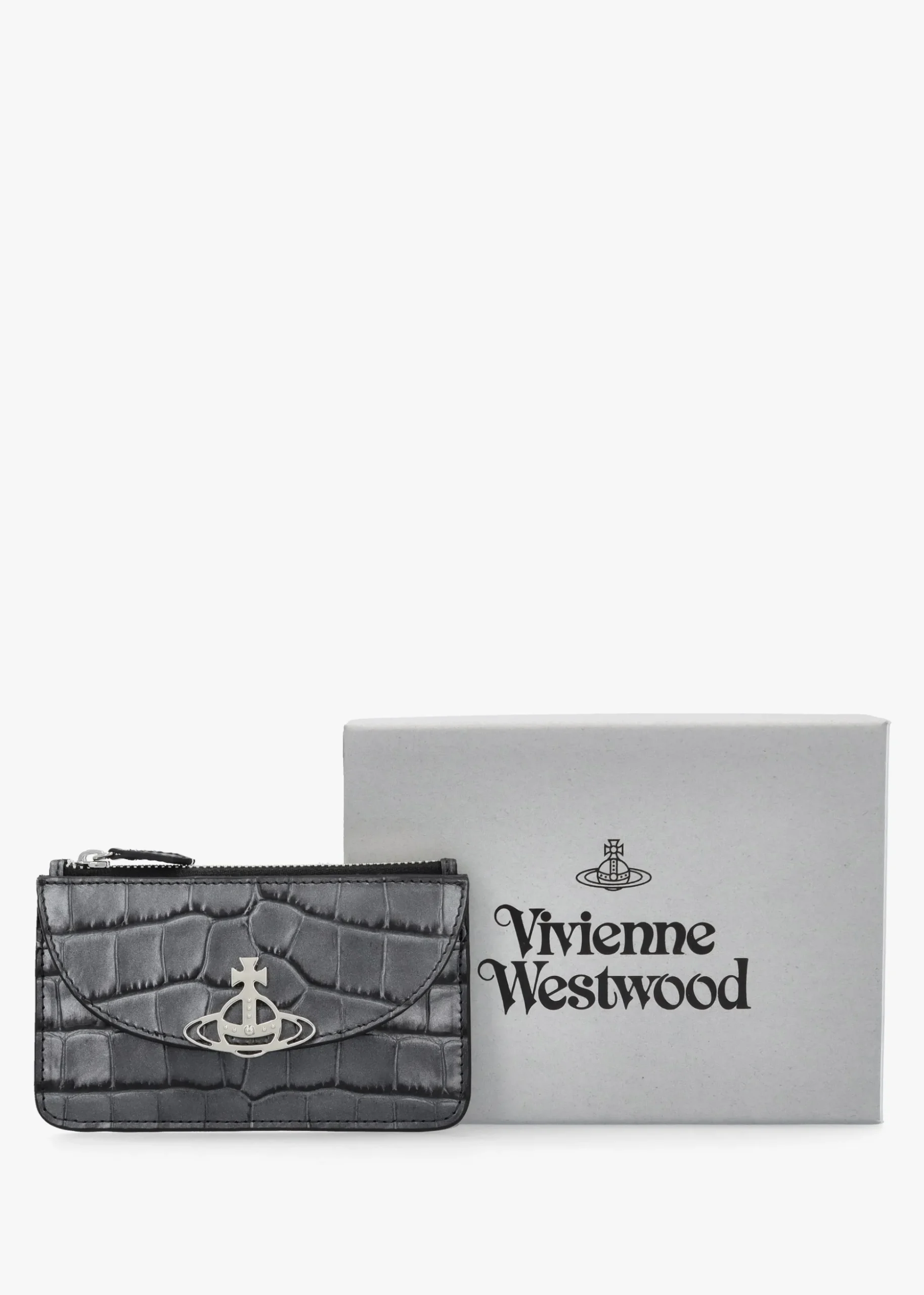 Half Moon Embossed Croc Anthracite Leather Card Holder
