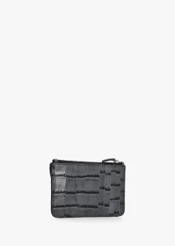 Half Moon Embossed Croc Anthracite Leather Card Holder