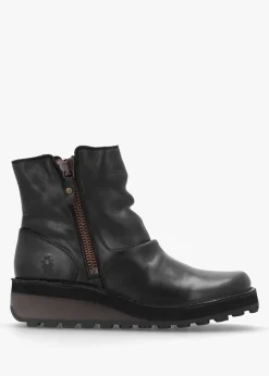 Hole Black Leather Low Wedge Ankle Boots