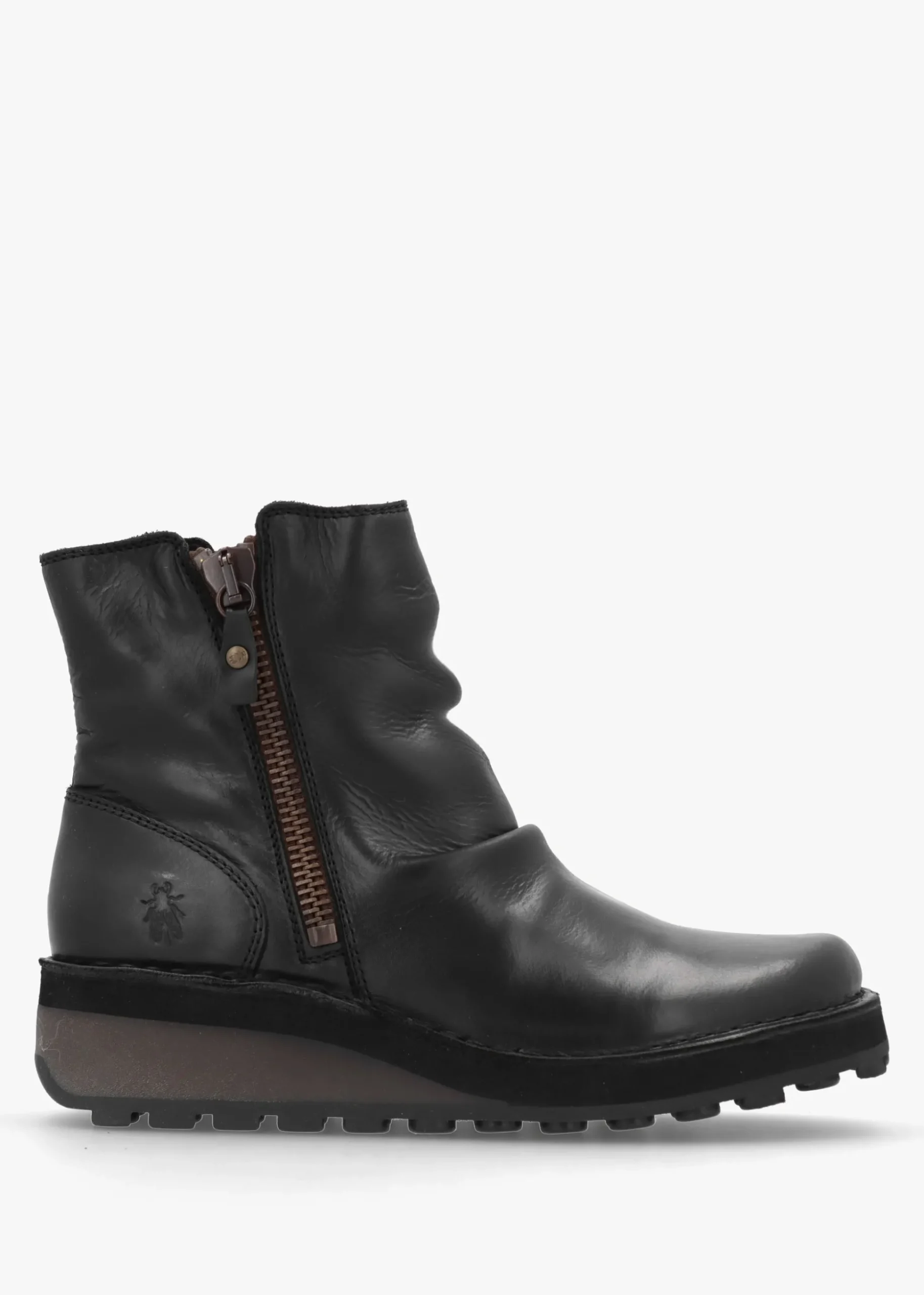 Hole Black Leather Low Wedge Ankle Boots