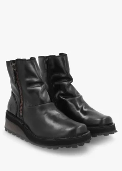 Hole Black Leather Low Wedge Ankle Boots