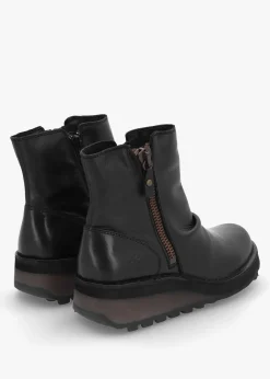 Hole Black Leather Low Wedge Ankle Boots