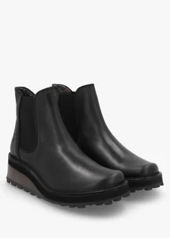 Huud Black Leather Low Wedge Chelsea Boots