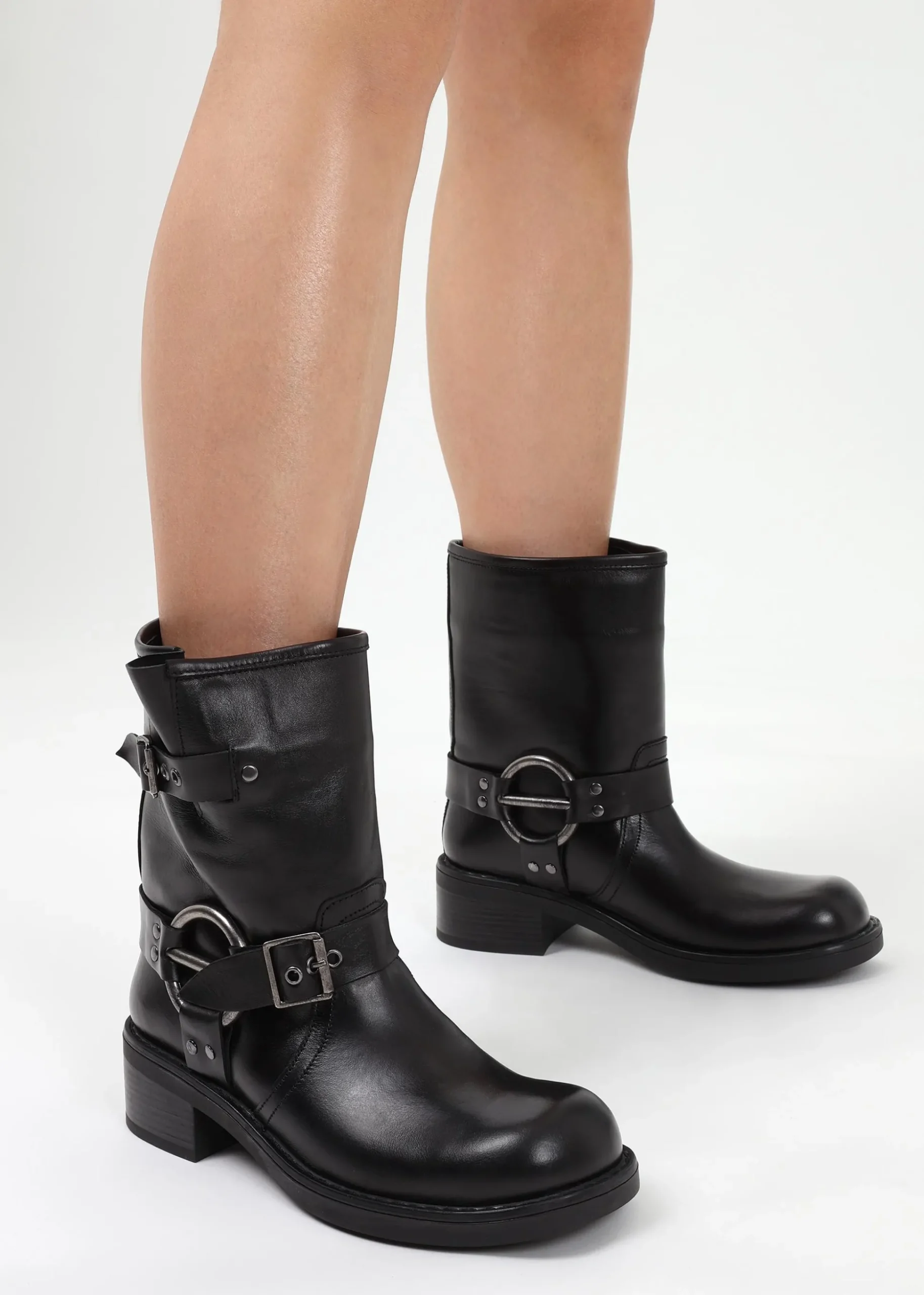 Ibike Black Leather Chunky Biker Boots