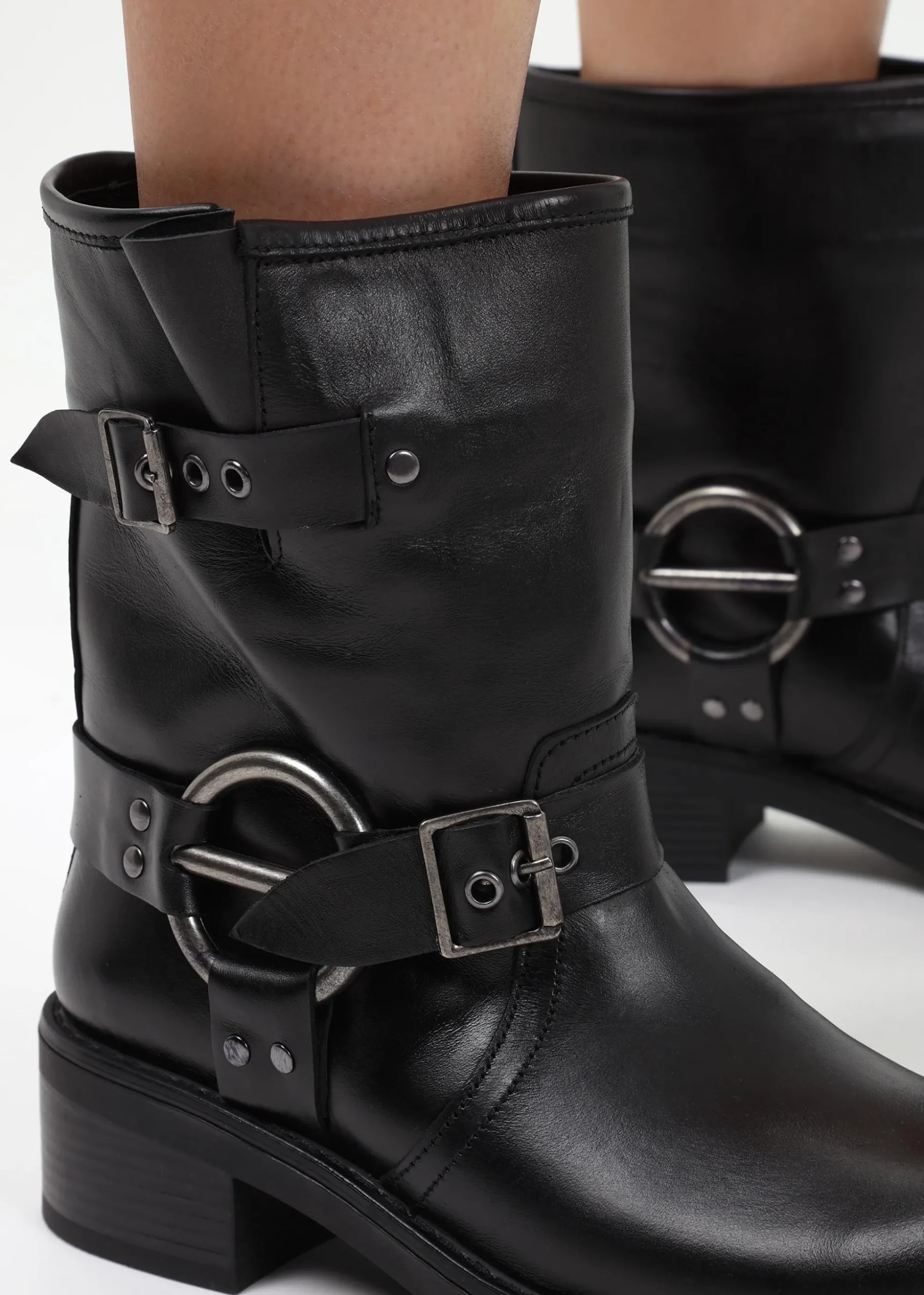 Ibike Black Leather Chunky Biker Boots