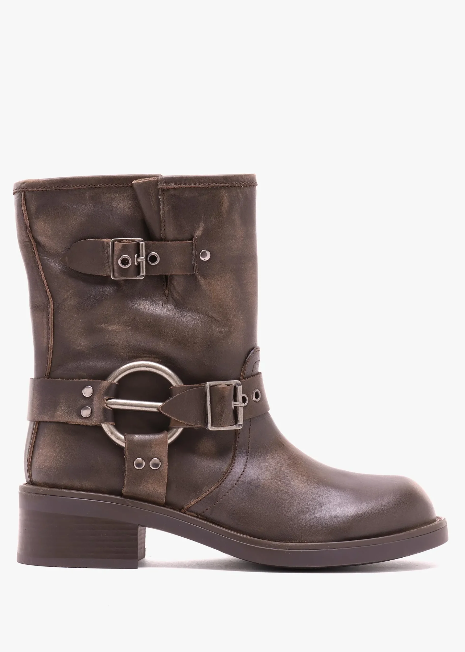 Ibike Brown Distressed Leather Chunky Biker Boots