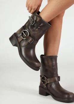 Ibike Brown Distressed Leather Chunky Biker Boots