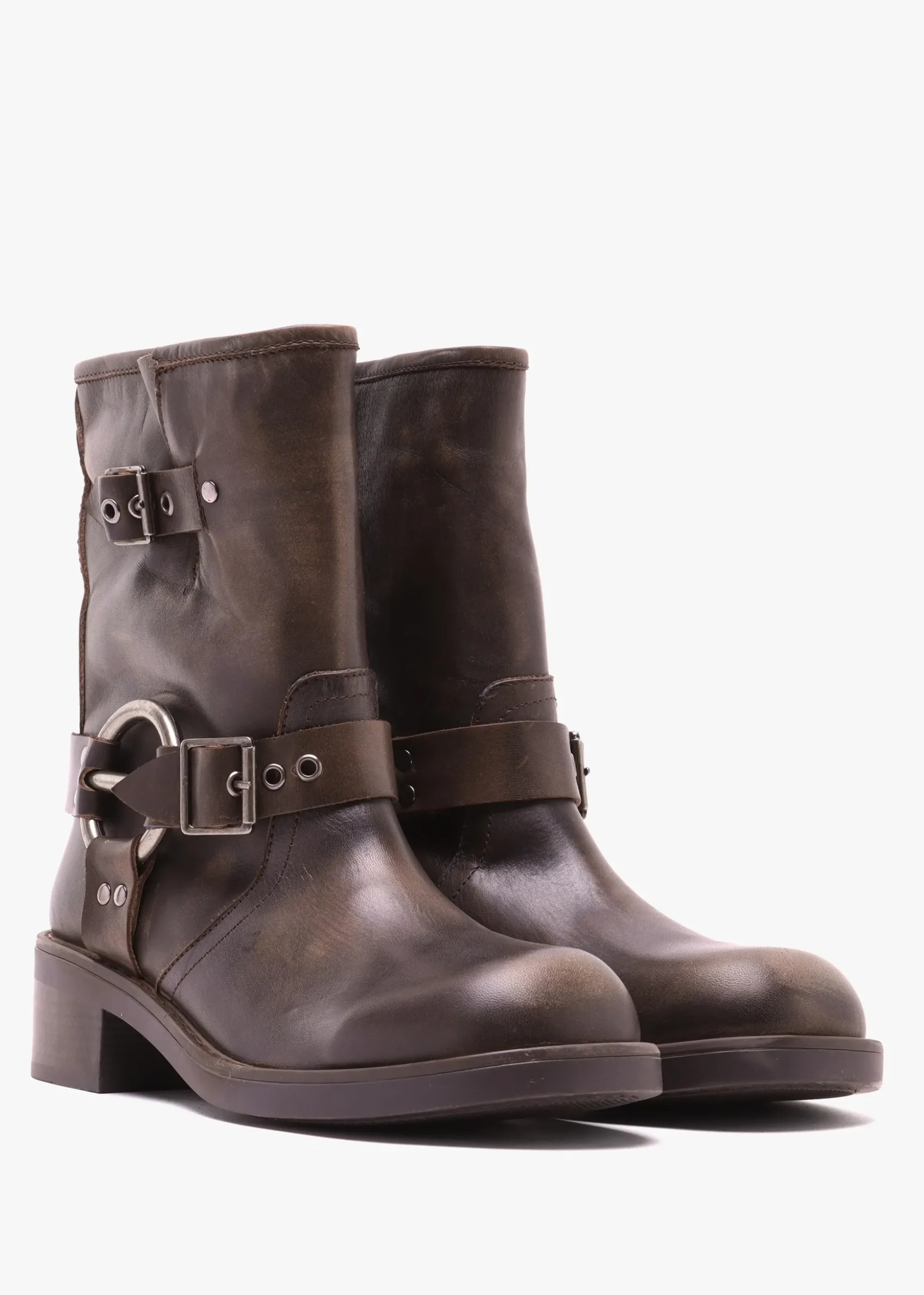 Ibike Brown Distressed Leather Chunky Biker Boots