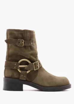Ibike Khaki Suede Chunky Biker Boots