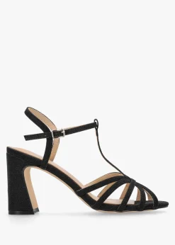 Iceline Black Metallic T Bar Block Heel Sandals