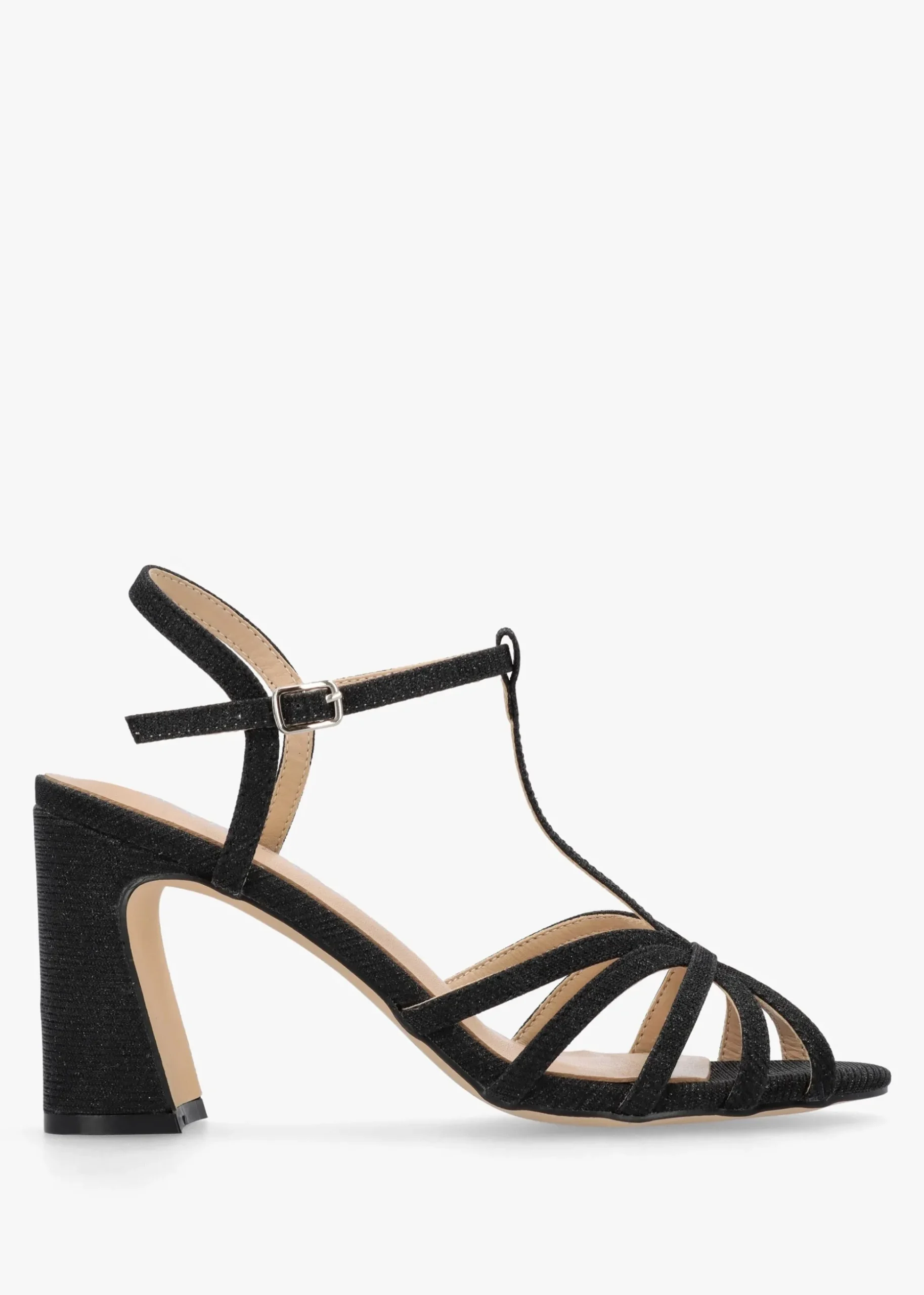 Iceline Black Metallic T Bar Block Heel Sandals