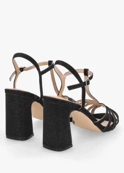 Iceline Black Metallic T Bar Block Heel Sandals