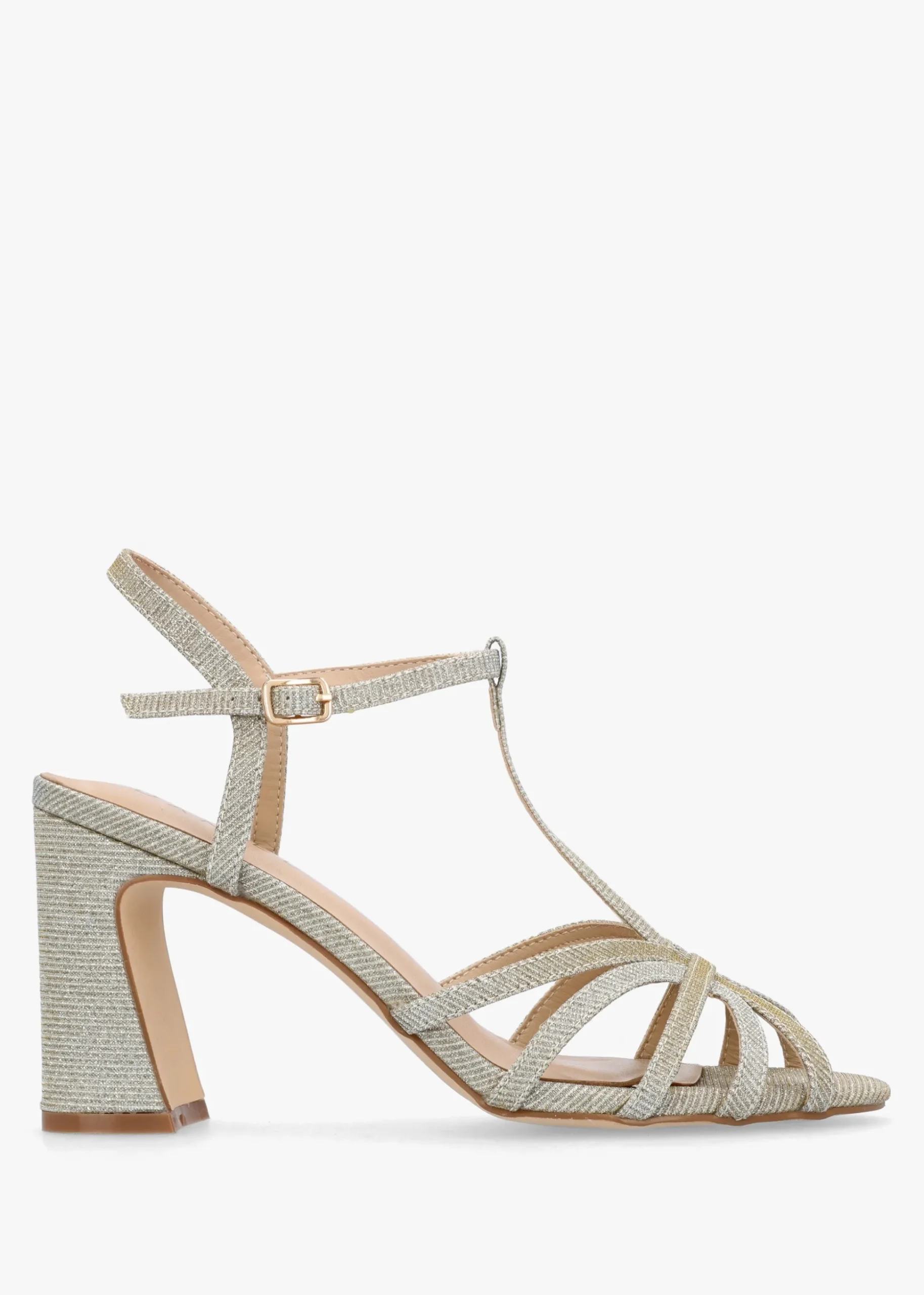 Iceline Gold Metallic T Bar Block Heel Sandals