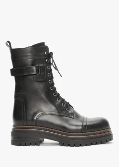Idris Black Leather Ankle Strap Biker Boots