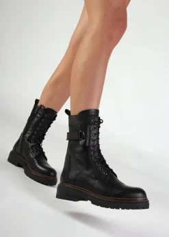Idris Black Leather Ankle Strap Biker Boots