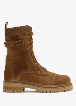 Idris Tan Suede Ankle Strap Biker Boots
