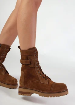 Idris Tan Suede Ankle Strap Biker Boots