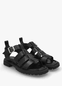Ifish Black Leather Gladiator Sandals