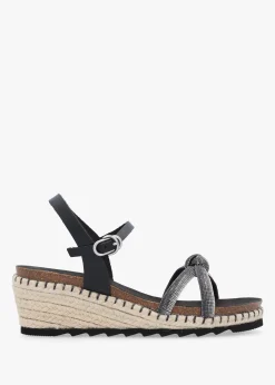 Iknot Diamante Knot Black Leather Low Wedge Sandals