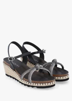 Iknot Diamante Knot Black Leather Low Wedge Sandals