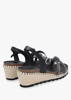 Iknot Diamante Knot Black Leather Low Wedge Sandals
