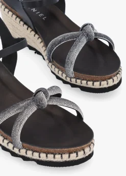 Iknot Diamante Knot Black Leather Low Wedge Sandals